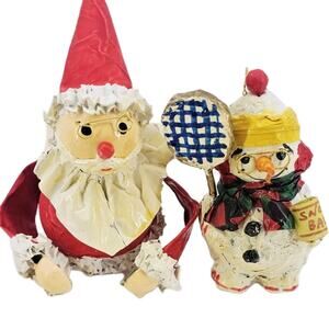 Vintage 70's Paper Mache Santa Claus and Snowman Christmas Ornament Late Century